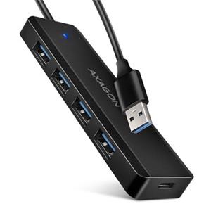 AXAGON HUE-C1A cestovní čtyřportový USB-A 5Gbps hub/USB-C konektor pro externí napájení/kabel 19 cm