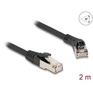 Delock Síťový kabel RJ45 Cat.8.1 S/FTP, ze zástrčky zalomené doprava 45° na přímou zástrčku, až 40 Gbps, 2 m, černý