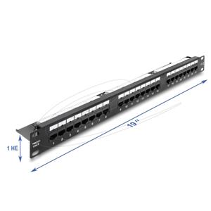 Delock Spojovací panel rozměru 19”, 1U, 24 portový, kat. 6 s LED a odlehčovací lištou, nestíněný, černý